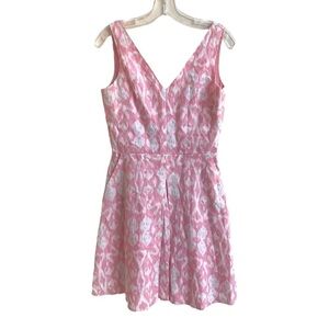 GAP Pink Ikat Print 100% Linen V Neckline Sleeveless Women 2 Fit Flare Dress